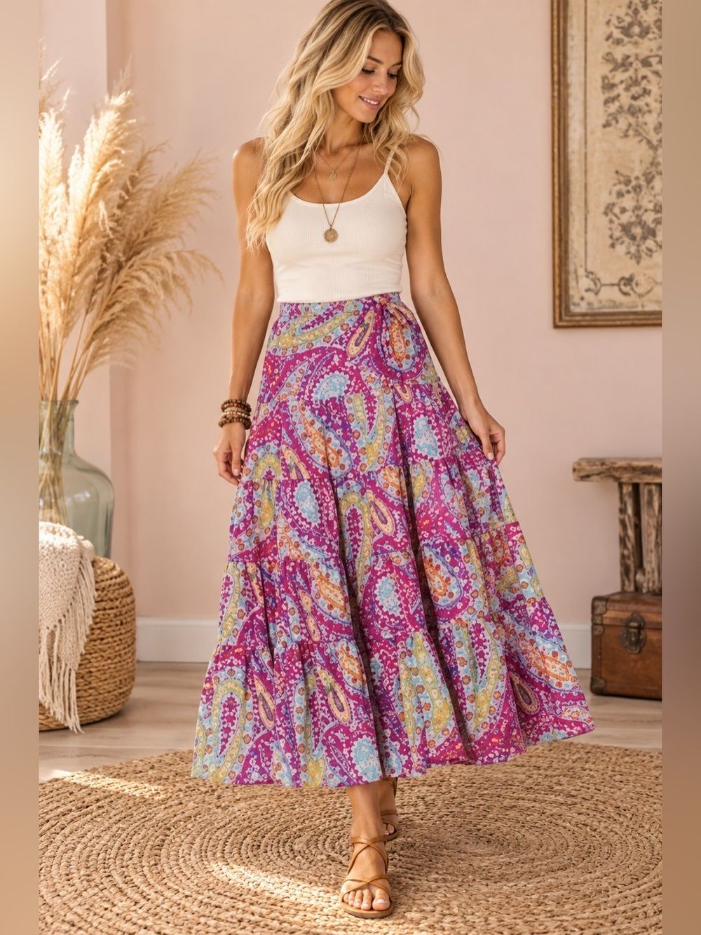 Ralph Lauren Magenta Paisley Tiered Maxi Skirt